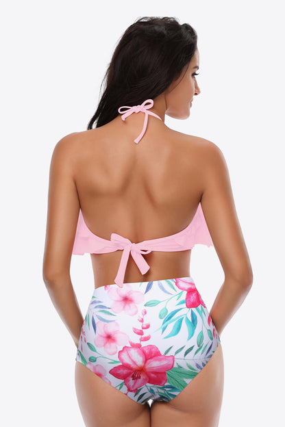 Two-Tone Ruffled Halter Neck Two-Piece Swimsuit