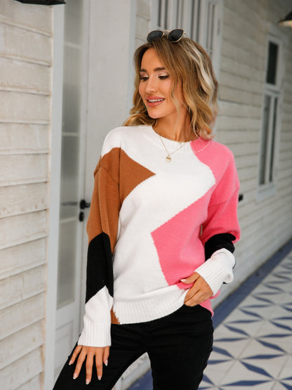 Color Block Round Neck Dropped Shoulder Sweater