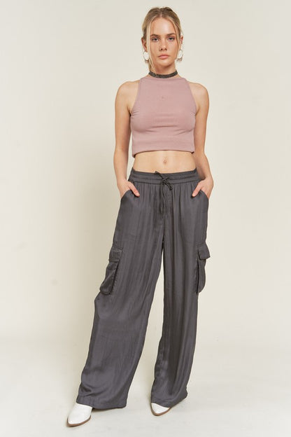 PLUS SIZE SATIN CARGO PANTS WITH DRAWSTRING