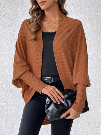 Ribbed Open Front Lantern Sleeve Cocoon Cardigan