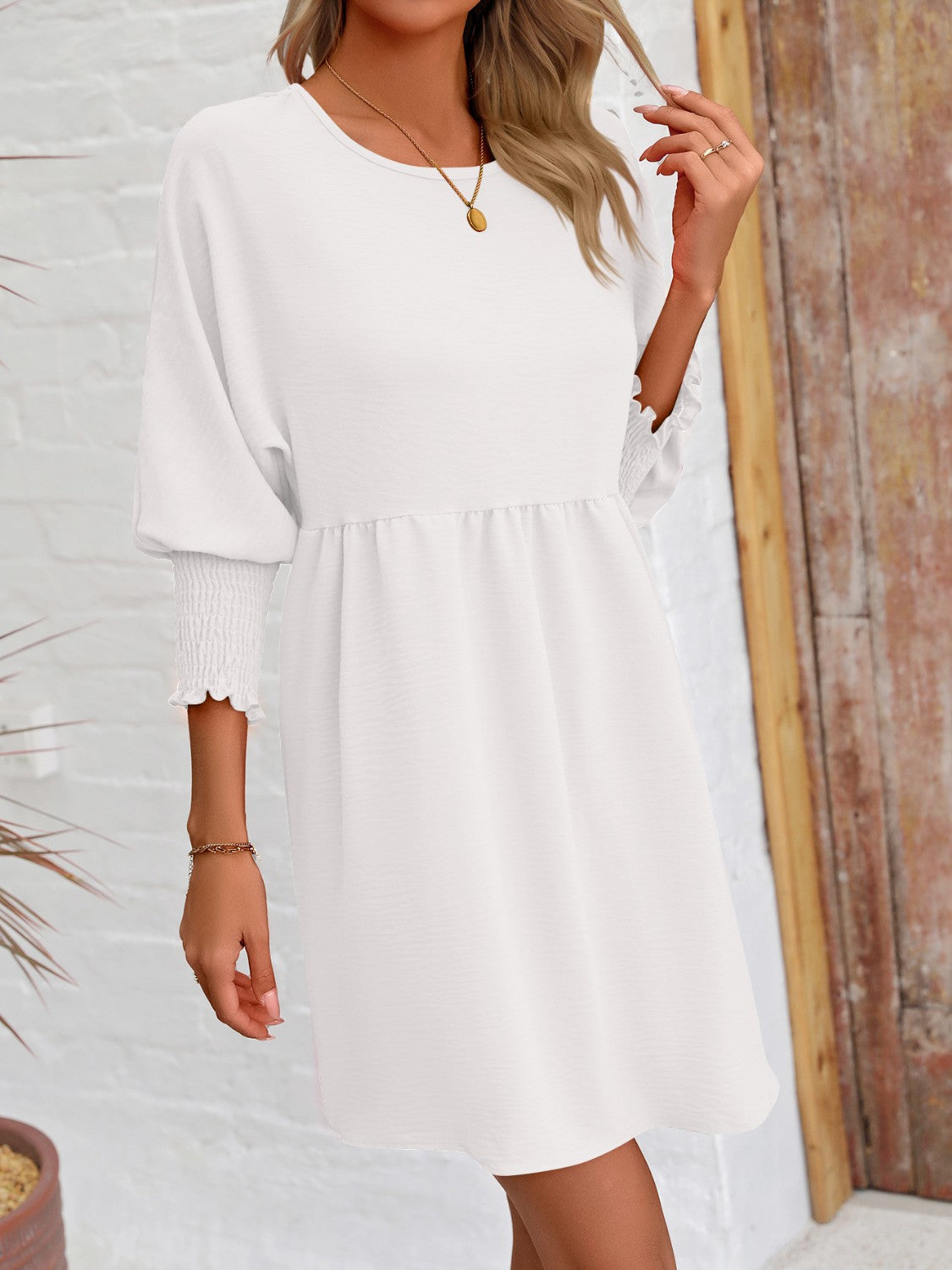 Round Neck Lantern Sleeve Mini Dress