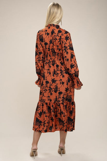 Floral Print Bishop Sleeve Shirred Dress