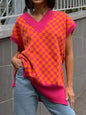 Full Size Checkered V-Neck Cap Sleeve Sweater