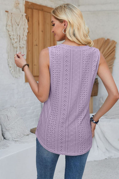 Eyelet Decorative Button V-Neck Tank