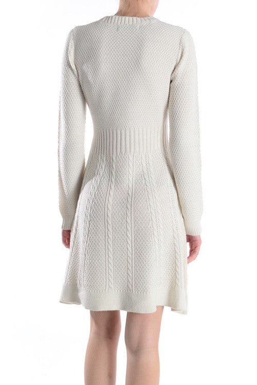 Cable Knit Round Neck Long Sleeves Flare Dress