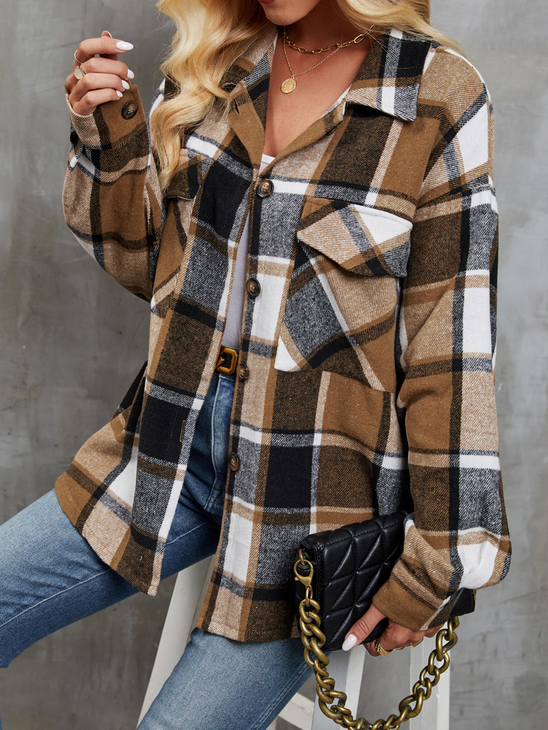 Plaid Button Up Dropped Shoulder Outerwear