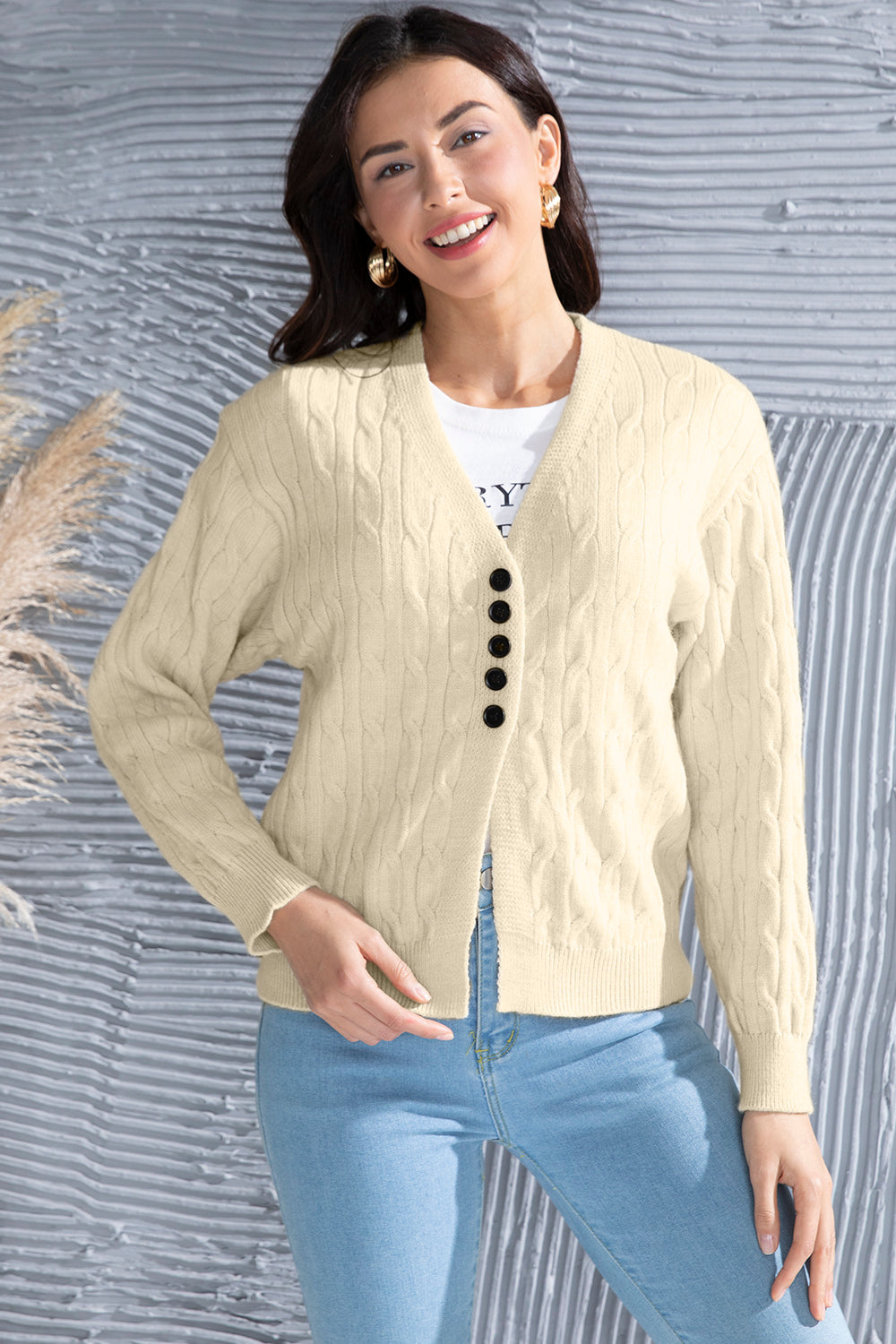 Cable-Knit Button Up Dropped Shoulder Cardigan