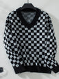 Checkered V-Neck Dropped Shoulder Sweater