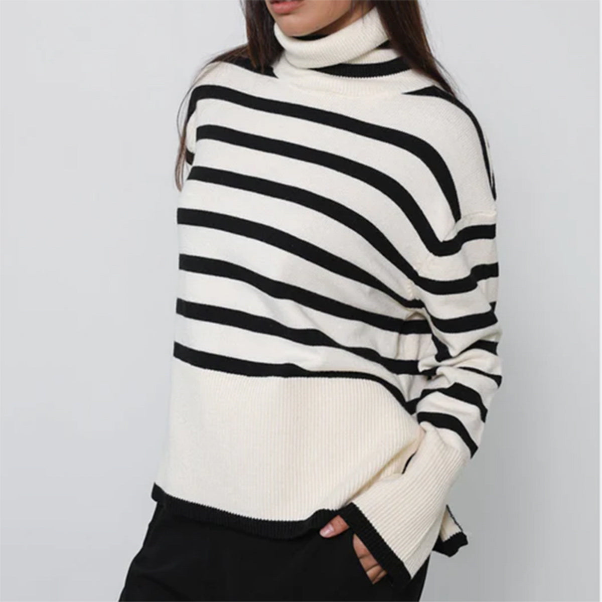 Striped Turtleneck Flare Sleeve Sweater