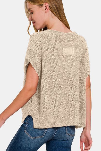 Zenana Short Sleeve Side Slit Sweater