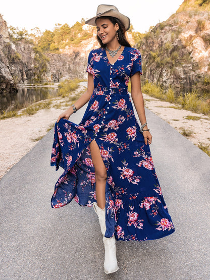 V-Neck Short Sleeve Maxi Dress