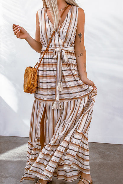 Striped Tie Waist Slit Sleeveless Dress