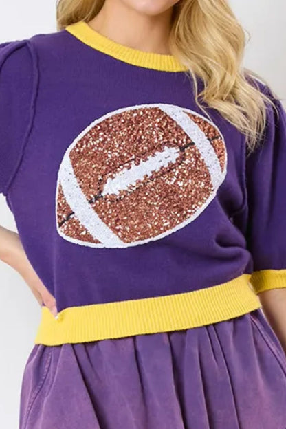 Sequin Football Round Neck Short Sleeve Top