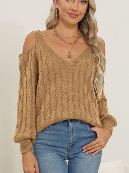 Cable-Knit V-Neck Long Sleeve Sweater