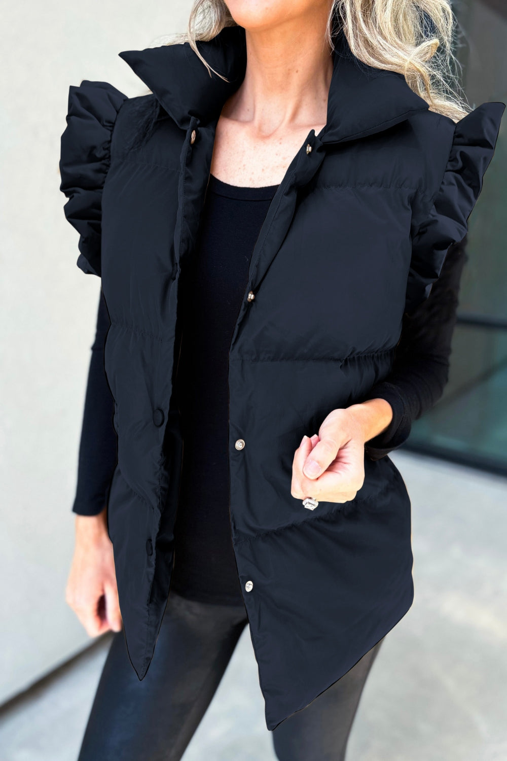 Ruffled Snap Down Mock Neck Vest Coat