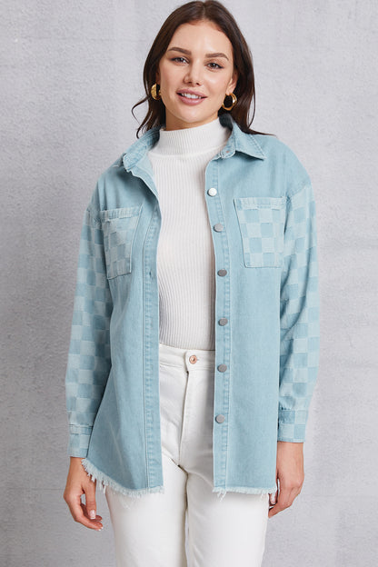 Raw Hem Checkered Dropped Shoulder Denim Jacket