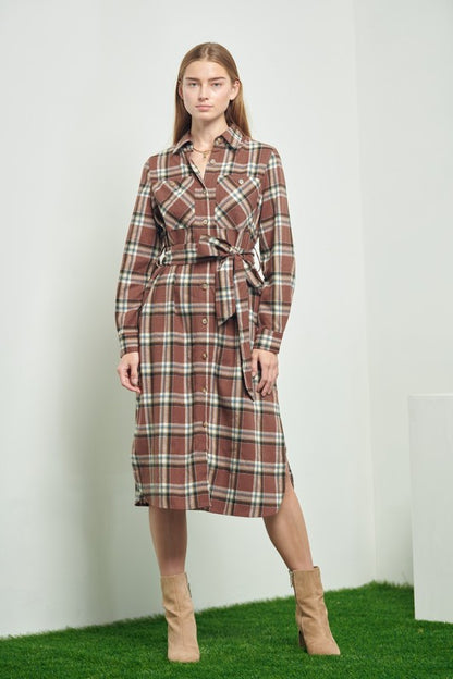 PLAID PRINT COLLAR LONG SHIRT DRESS