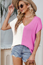 Color Block V-Neck Short Sleeve Knit Top