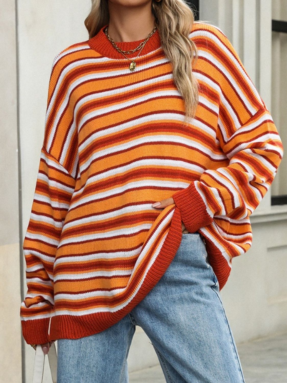 Striped Mock Neck Long Sleeve Sweater