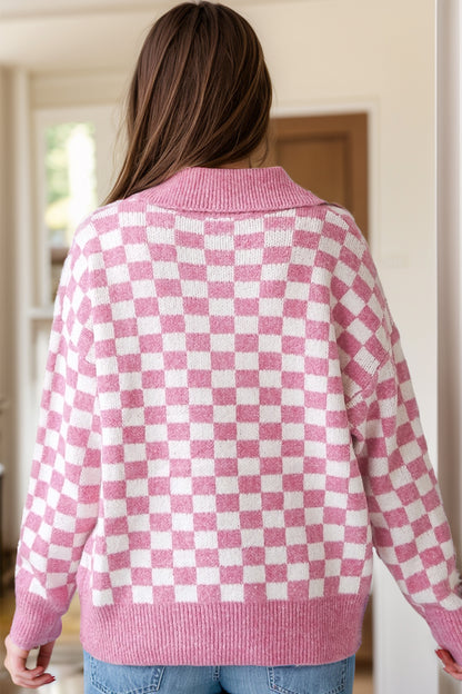 Checkered Collared Neck Dropped Shoulder Sweater