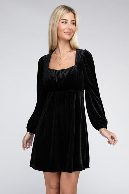 Square Neck High Waist Velvet Dress