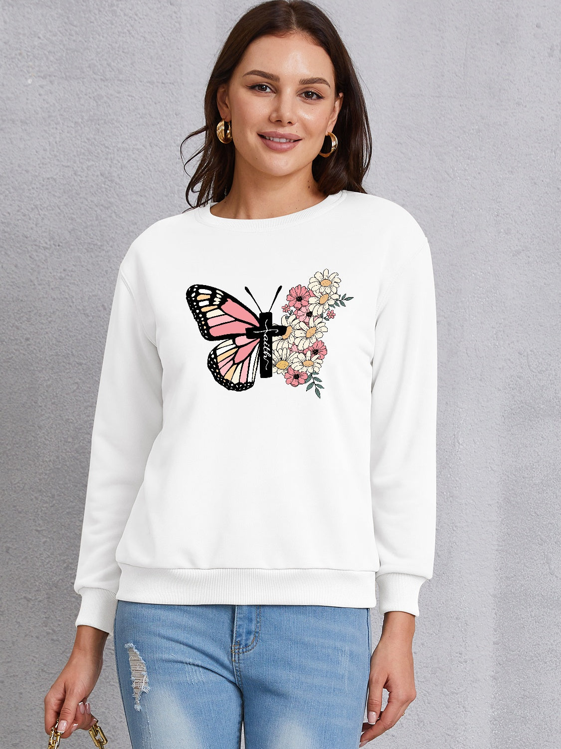 Butterfly Round Neck Dropped Shoulder Sweatshirt