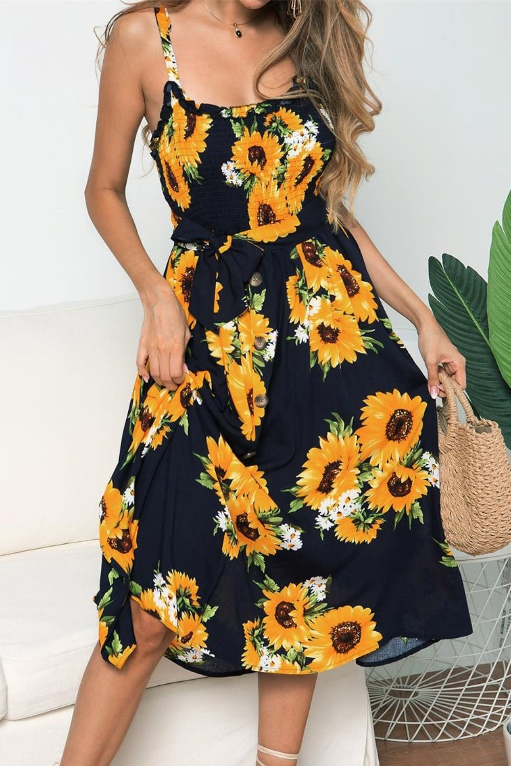 Smocked Sunflower Printed Sleeveless Cami Dress