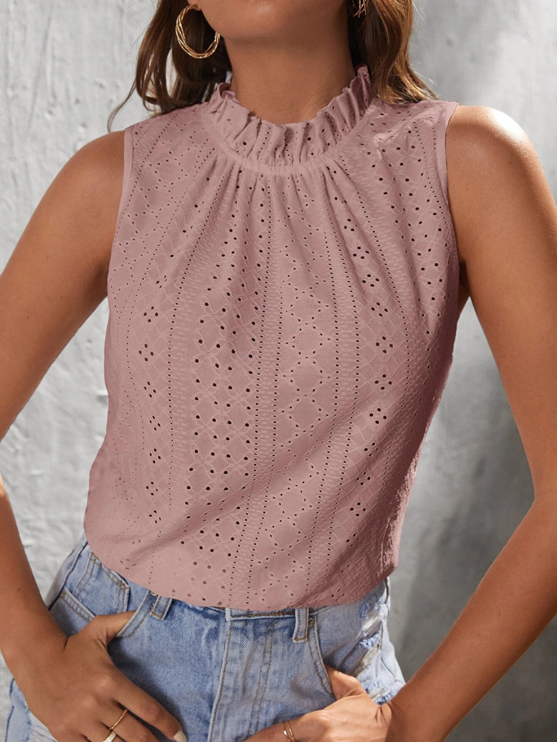 Tied Eyelet Mock Neck Tank