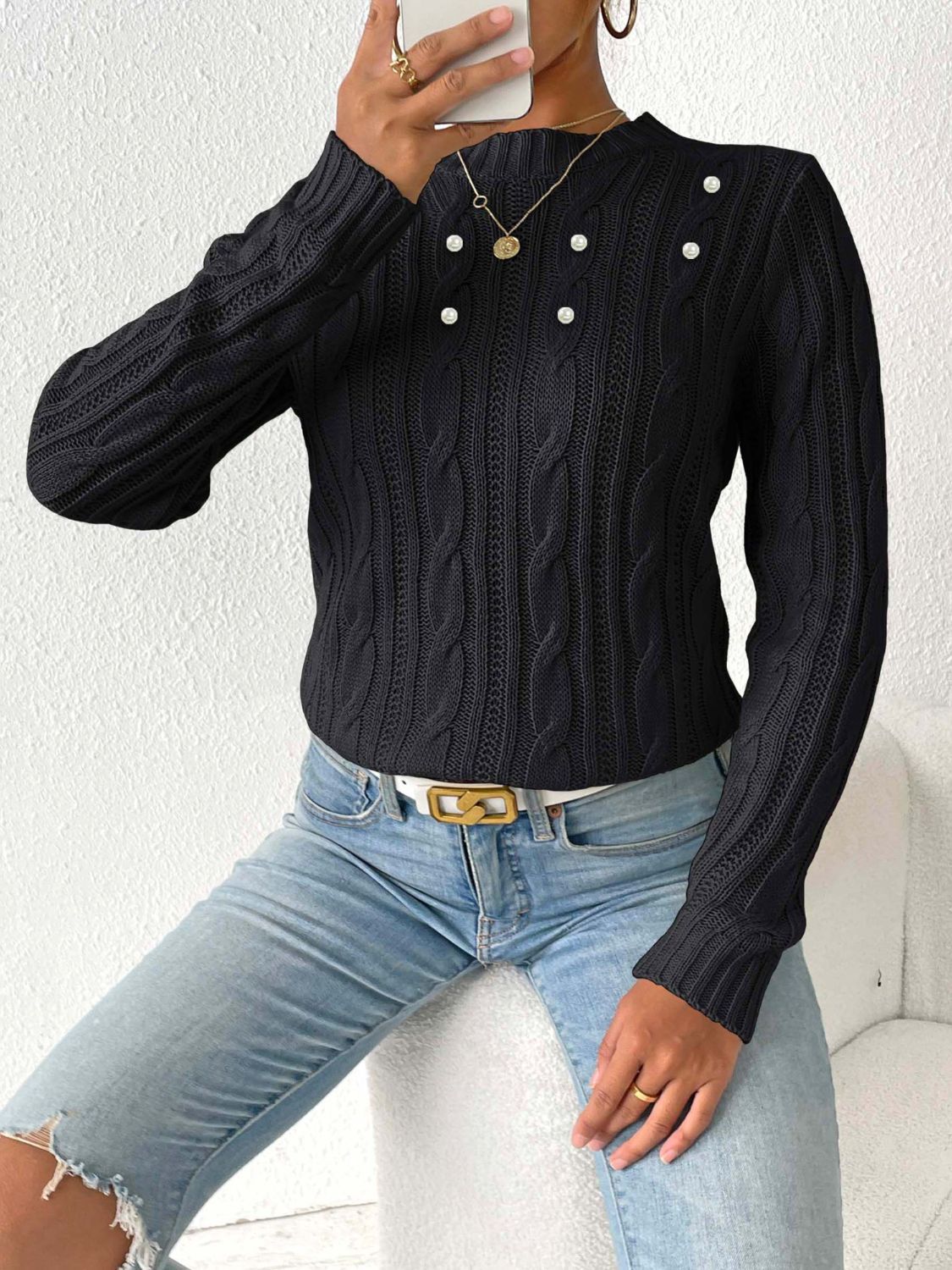 Cable-Knit Round Neck Long Sleeve Sweater