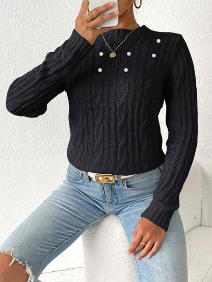 Cable-Knit Round Neck Long Sleeve Sweater