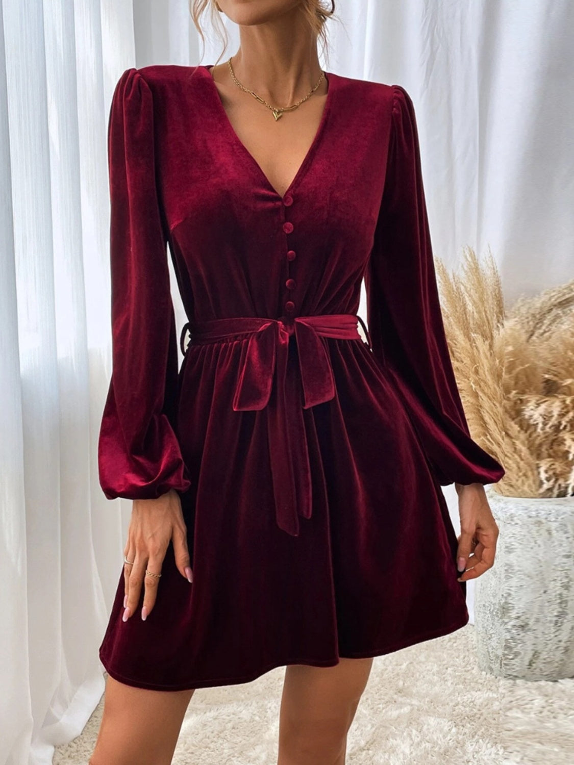 V-Neck Tie Waist Mini Dress