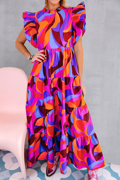 Printed Ruffled Mock Neck Tiered Dress