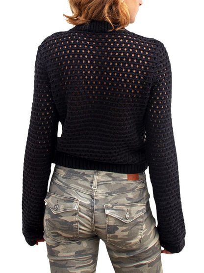 Openwork Round Neck Long Sleeve Knit Top