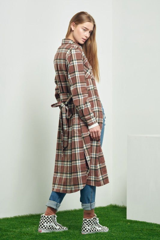 PLAID PRINT COLLAR LONG SHIRT DRESS