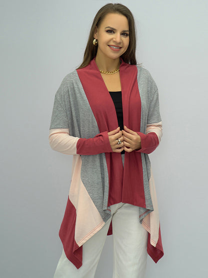 Shiny Color Block Open Front Cardigan