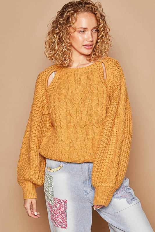 POL Cable Knit Cutout Long Sleeve Sweater