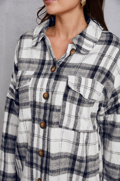 Plaid Button Up Dropped Shoulder Outerwear