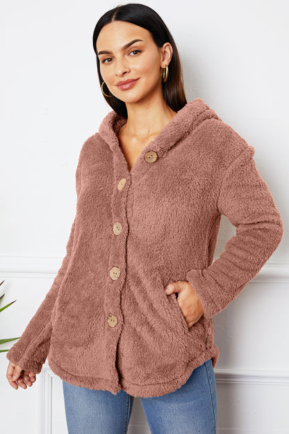 Fuzzy Button Up Hooded Outerwear