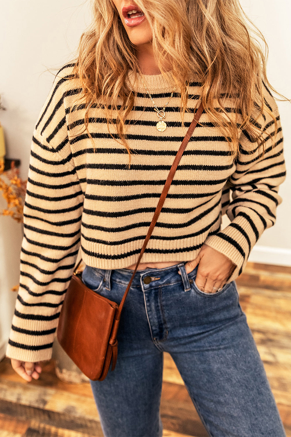 Striped Round Neck Long Sleeve Cropped Sweater