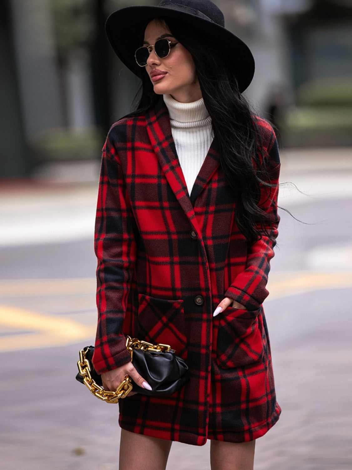 Plaid Shawl Collar Coat with Pockets