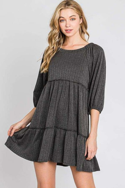 SOLID RIB CASUAL BABYDOLL TIERED DRESS