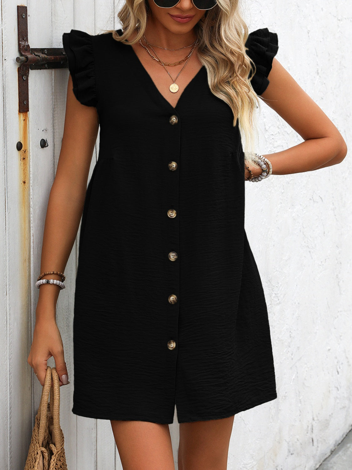 Ivy Lane Button Up V-Neck Cap Sleeve Mini Dress