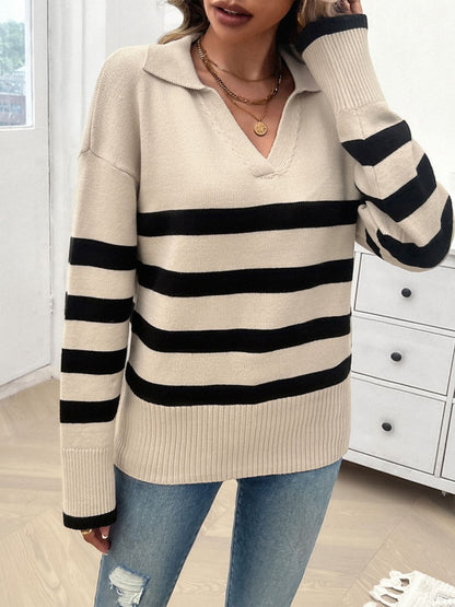 Devine Striped Collared Neck Long Sleeve Sweater