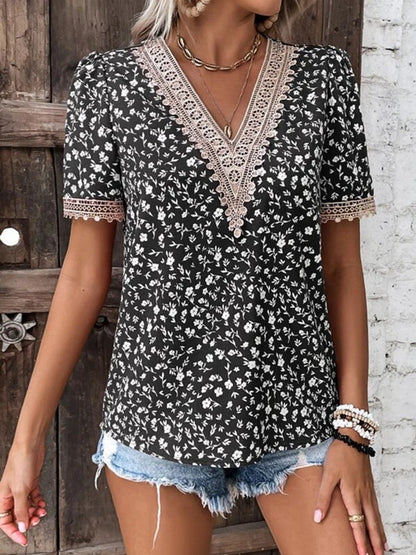 Full Size Printed V-Neck Short Sleeve Blouse