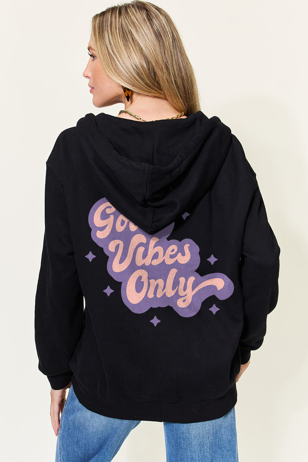 Simply Love Full Size GOOD VIBES ONLY Graphic Zip-Up Hoodie with Pockets