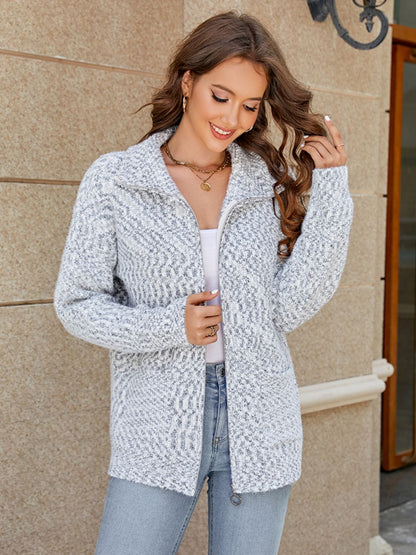 Zip-Up Collared Cardigan with Pockets