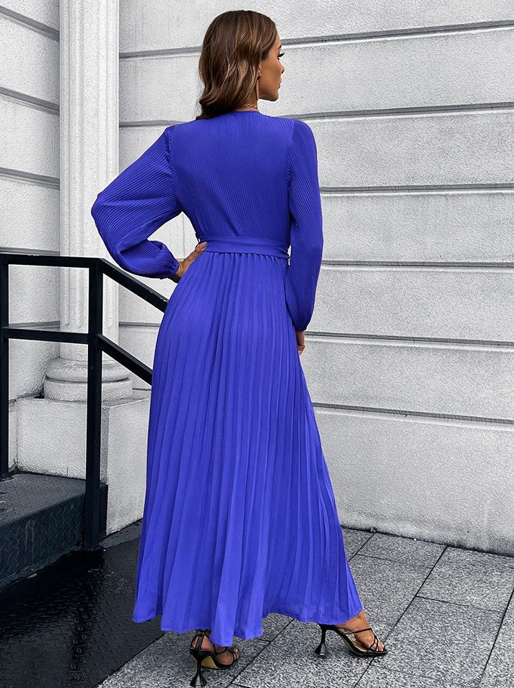 V-Neck Tie Waist Pleated Maxi Dress