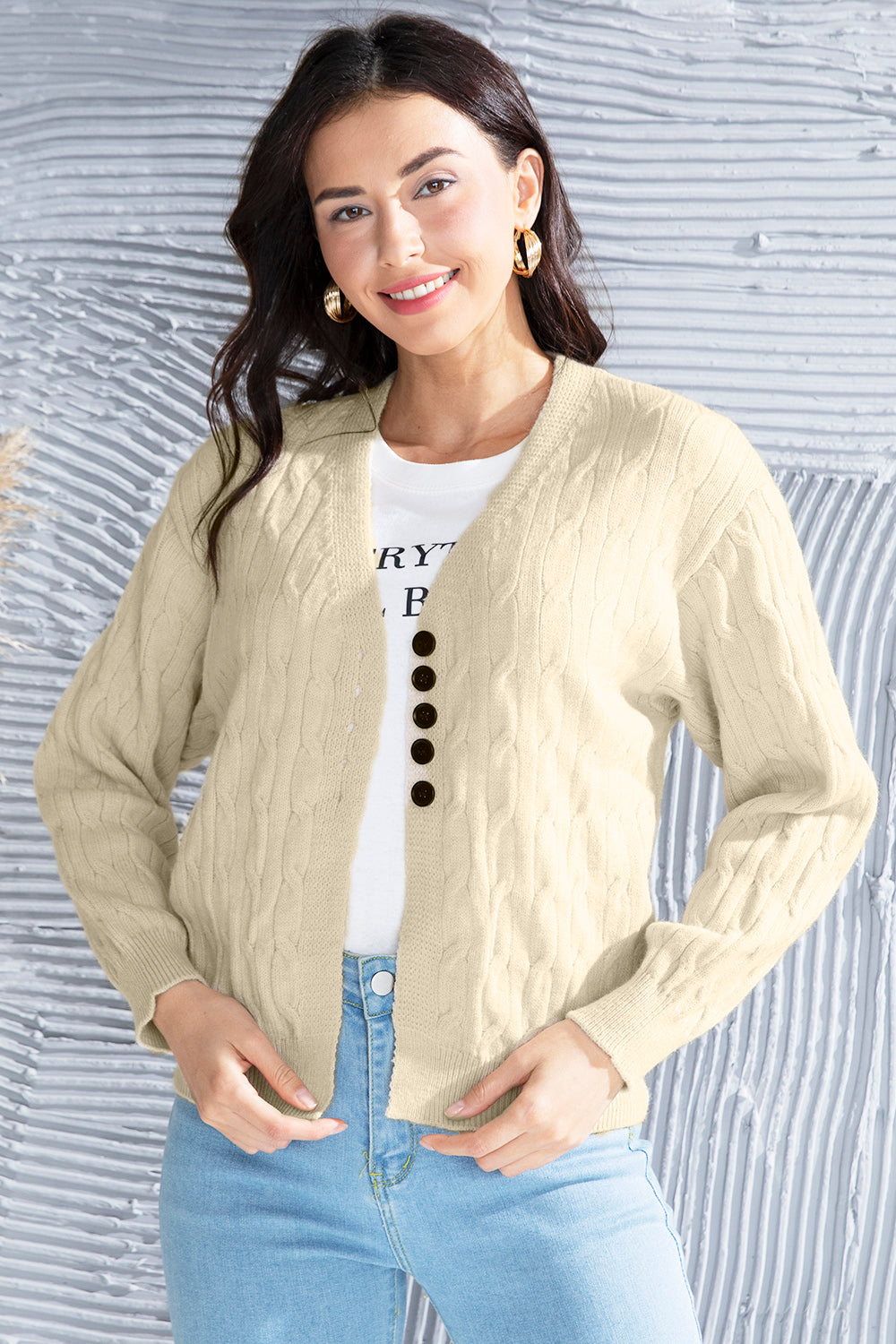 Cable-Knit Button Up Dropped Shoulder Cardigan