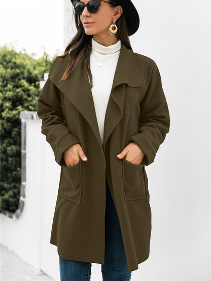 Waterfall Collar Brushed Longline Coat with Pockets