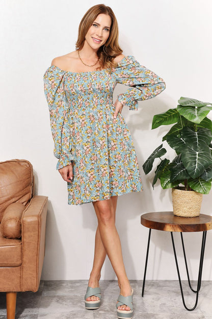 Floral Smocked Flounce Sleeve Square Neck Dress